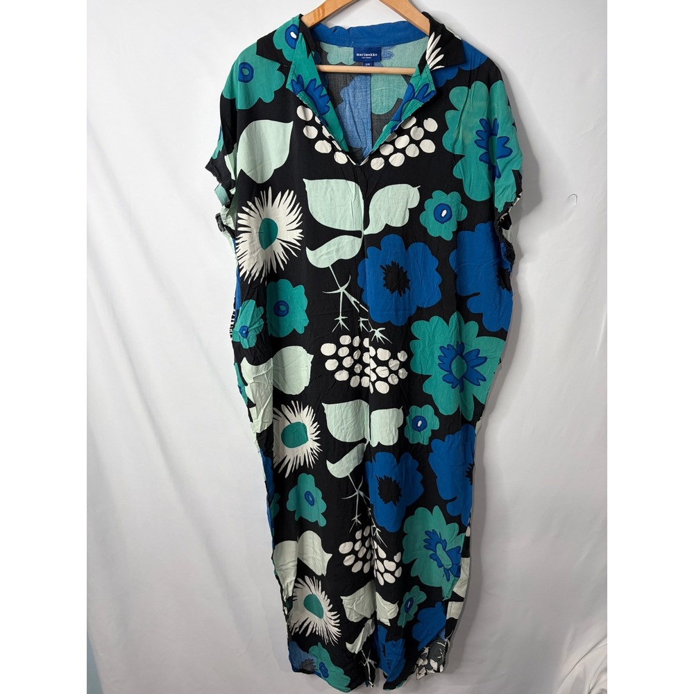 Marimekko x Target Kukkatori Kaftan Maxi Dress Blue Teal Floral Rayon S/M Boho